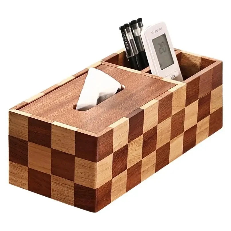 

Solid wood tissue box new style checkerboard tissue storage box desktop