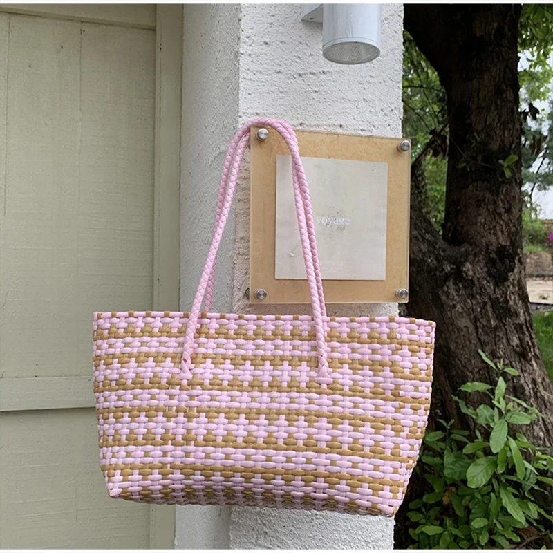 Handgefertigte Colorblock-Webtasche, Damen-Sommer-Tragetasche, Sommer-Einkaufstasche für Strandurlaub, Picknick, Haustiertransport – Detail 27