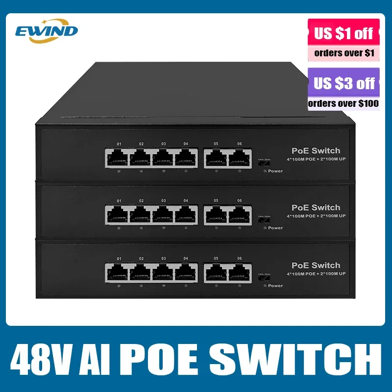 Ewinner-PoE 6ポートスイッチ,100mbps,スマート,IP,48V,標準RJ45インジェクター,IPカメラ,NVR,CCTV,ワイヤレスAP,エクステンダー