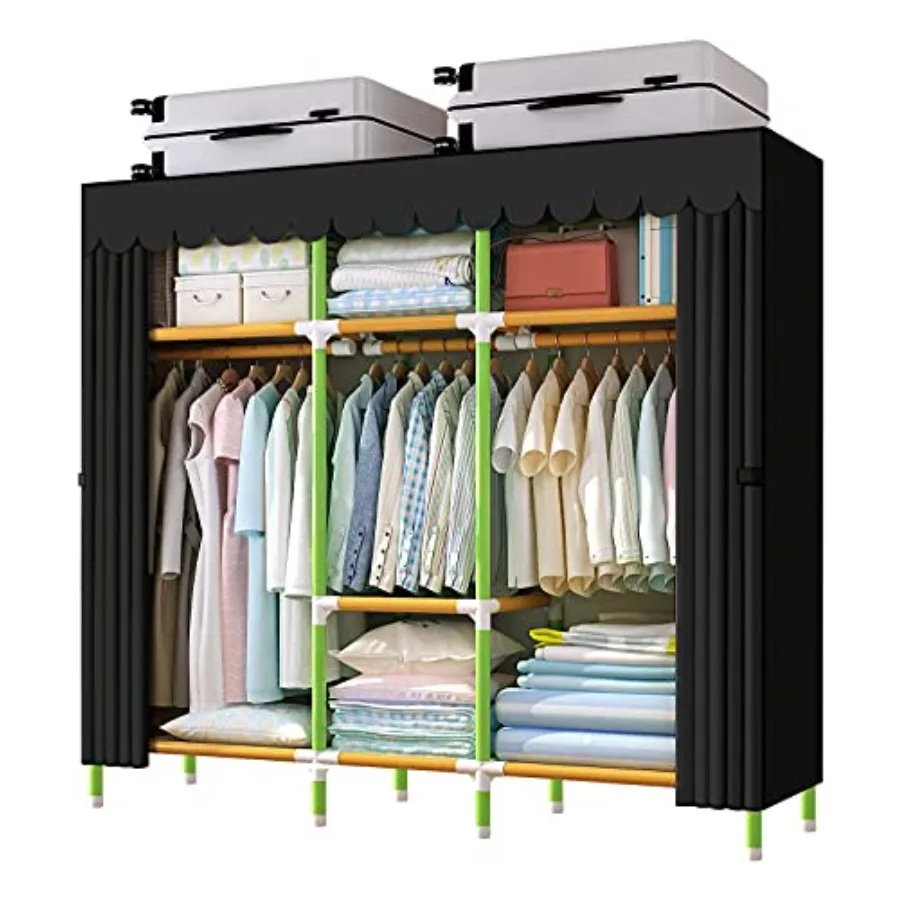 

Portable Closet 65 Inch Wardrobe Closet for Hanging Clothes with 3 Hanging Rods 25mm Colored Iron Tube and Black Cover Clothes