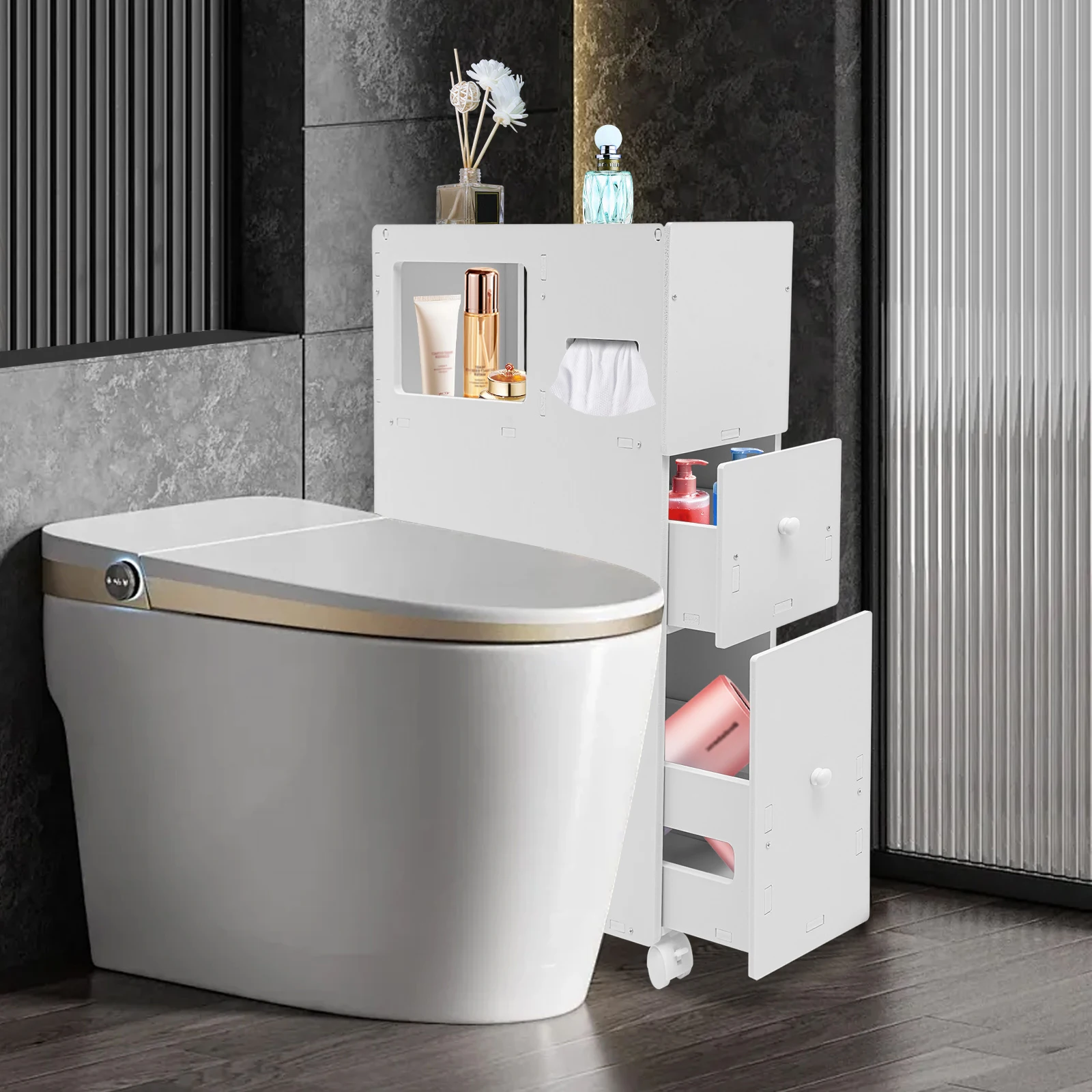 4 Layer Toilet Side Cabinet Slim Bathroom Storage Organizer Drawer Free Standing Movable Floor-To-Ceiling Low Shelves