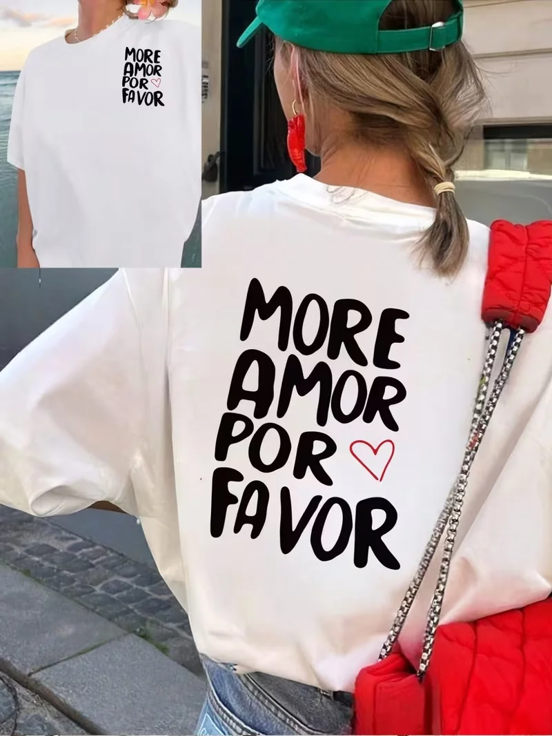 More Amor Por Favor DopamineT Shirt Letter Heart Print Casual Loose Streetwear Daily Wear Short Sleeve Summer Vacation Top