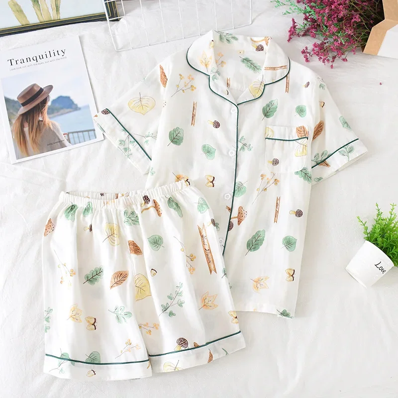 Japanese spring and summer pajamas ladies 100% cotton gauze thin section loose Korean version of home clothes short sleeve short