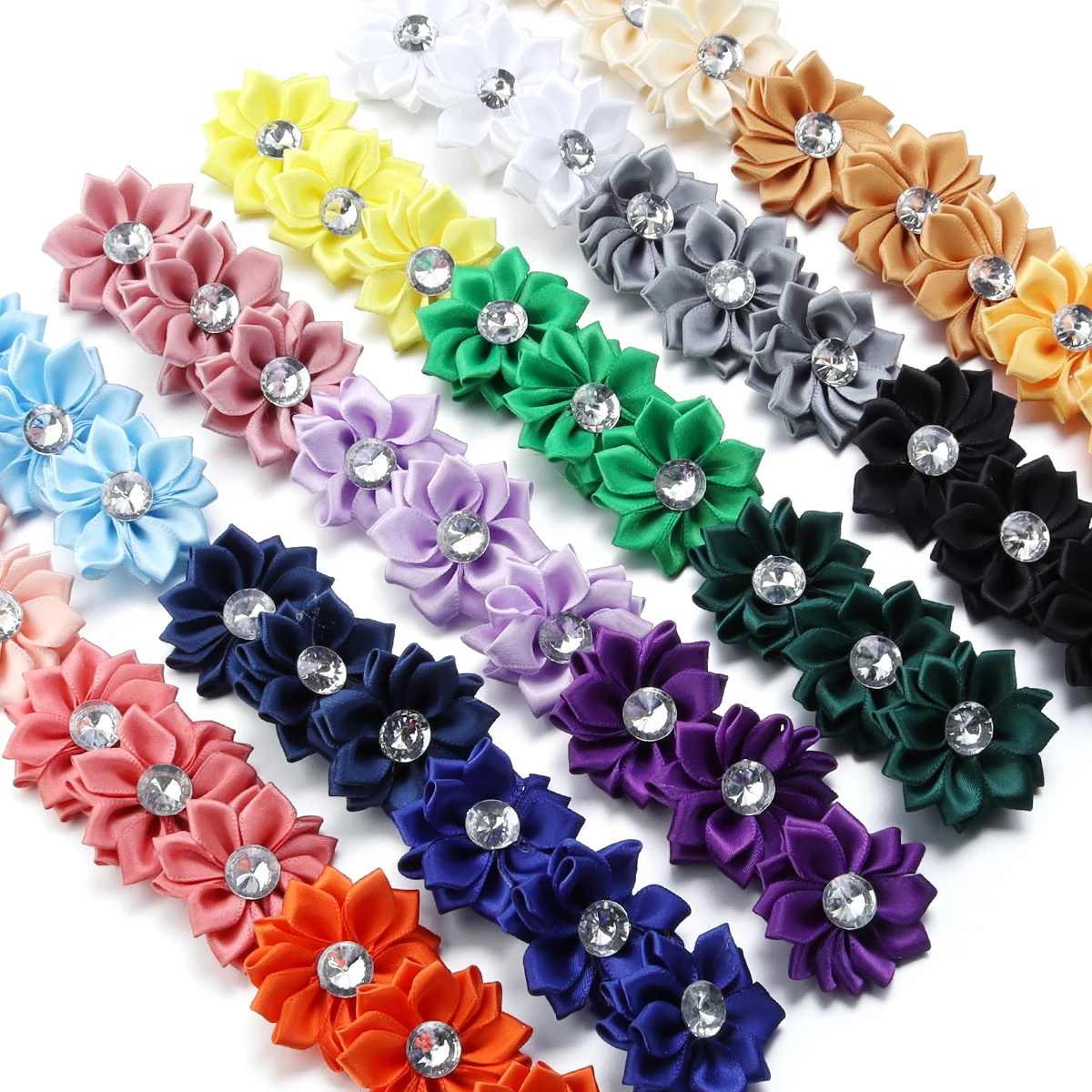 20Pcs/lot Mini Satin Ribbon Flowers 4cm Multicolor Rhinestones Handmade Flower for DIY Hair Clip Clothing Decoration Accessories