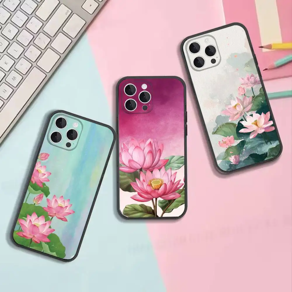Lotus patterned tempered Shockproof Black Silicone Soft Protective Cover, Suitable for iPhone 11,12,13,14,15,16,17,Pro,Max,Plus