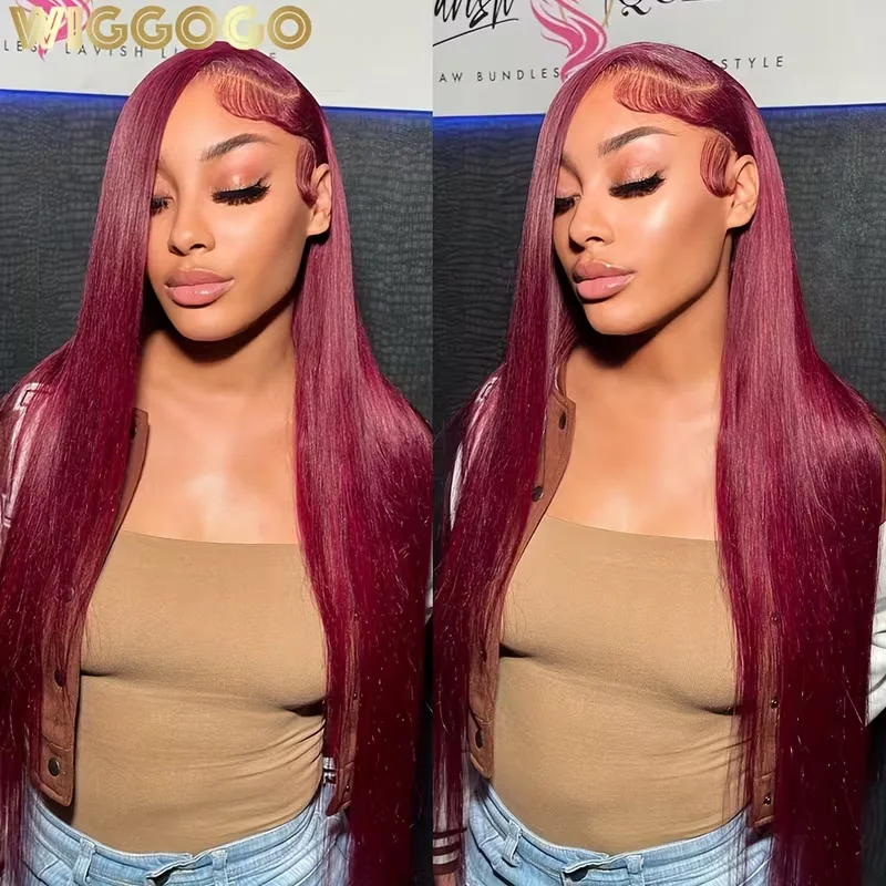 

Парик из натуральных волос 13x4, цвет 99J, бордовый винный красный, с прозрачной кружевной основой, без клея, с предварительно выщипанной линией роста волос, плотность 200%