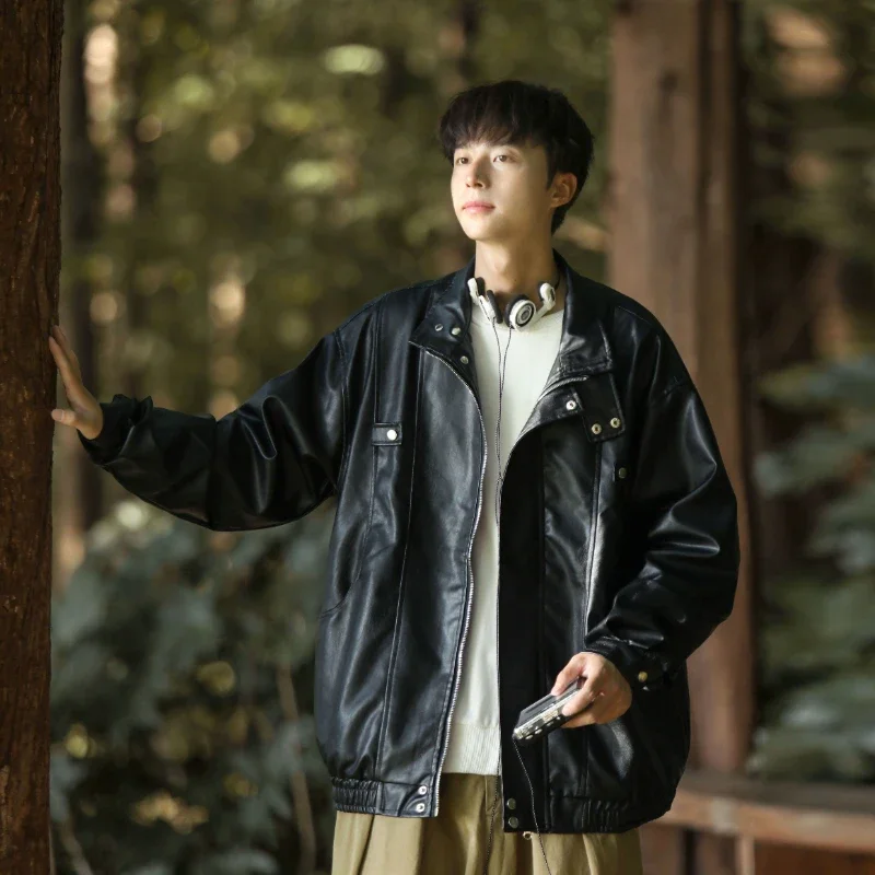 

Jackets Men Stand Solid Moto All-match European Style Temperament Handsome Punk Simple Stylish High Street Hip Hop Autumn ins