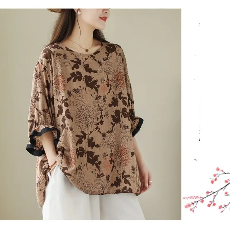 Temperament Printing Summer Round Neck Women's Cotton Hemp Asymmetric Patchwork Fashion Short Sleeve Loose Fitting Shirt Tops