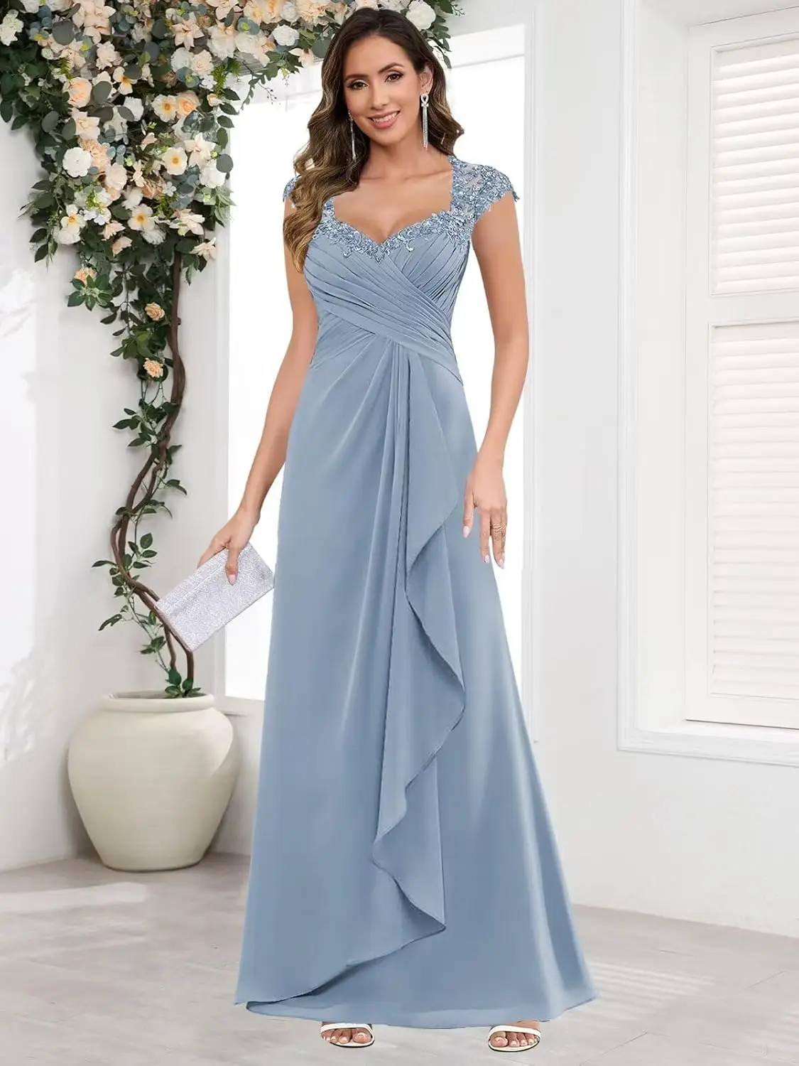 

V Neck Mother of The Bride Dresses Chiffon Lace Ruched Bridesmaid Dress Ruffle Long Slit Formal Gown