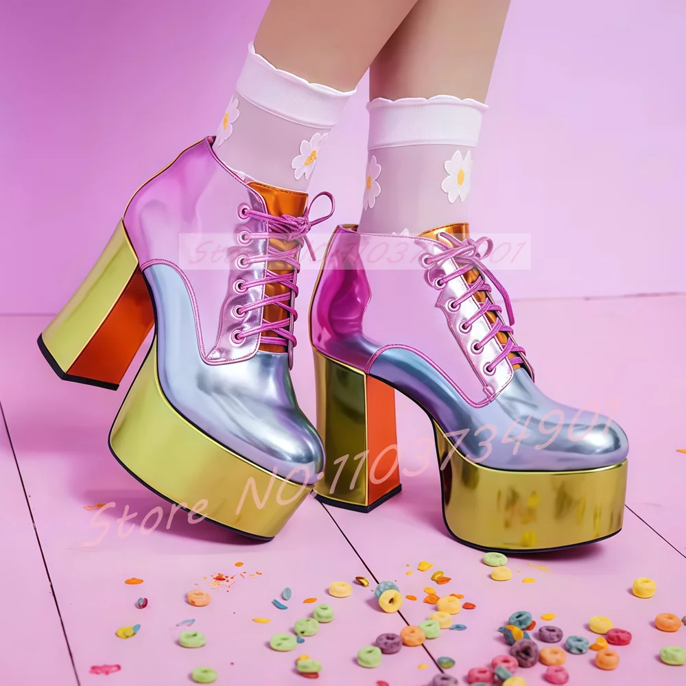 Metallic Multicolor Block Heel Platform Boots Women Patchwork Lace Up Goth Boots Lovely  Y2K Footwear