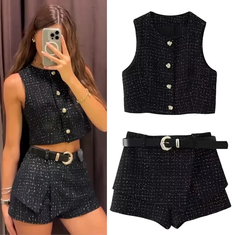 Elegant Tweed Vest Belt Mini Shorts Suit Women 2024 High Waist Black Textured Skirt Short 2 Pieces Set Lady Fashion Skort Outfit