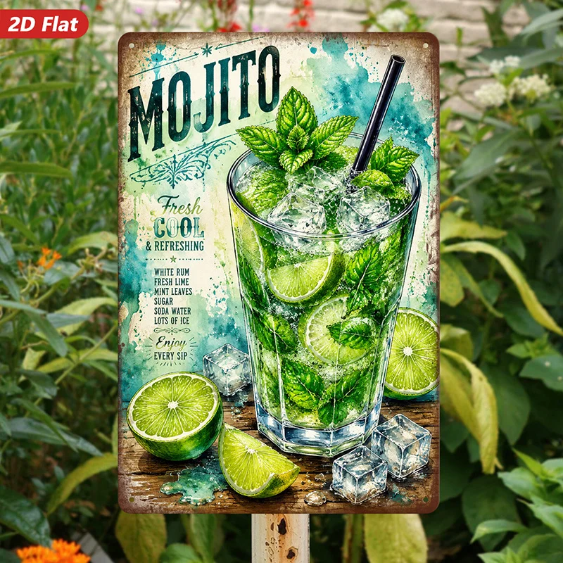 2D Flat, 1pc Metal Sign Wall Art, Mojito-Themed Home Decor, Lime And Mint Art, Vintage Style, for Bar, Kitchen Decor, Safe Round