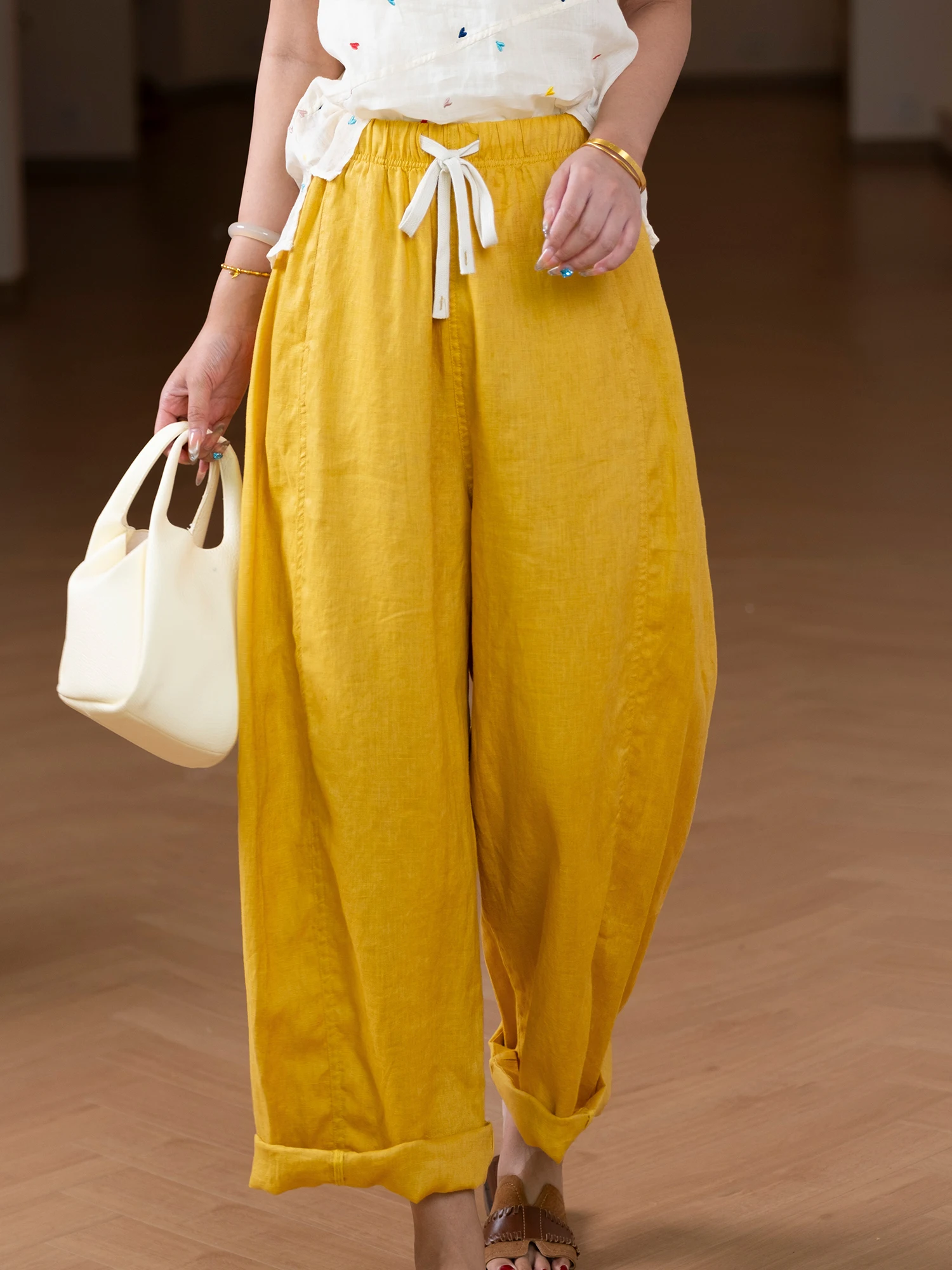 

Color Woven Linen Dstring Loose Casual Pants Women's Straight Leg Trousers Elastic Waist Korean Sle Commute Faion