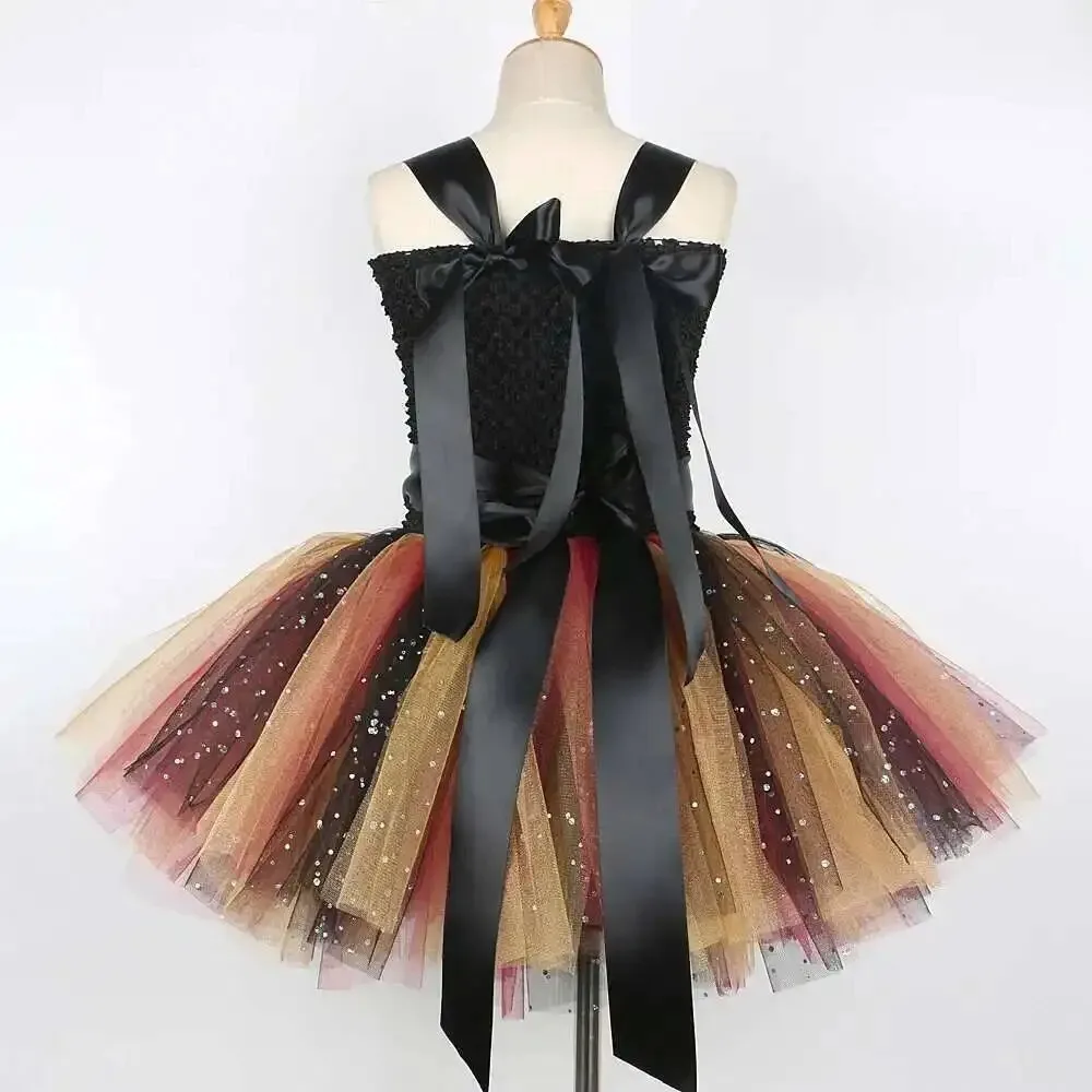 2026  Halloween Sequined Fluffy Mesh Princess Dress Layered Tulle Evening Birthday Banquet Attire Soft Glossy Party Long Frock