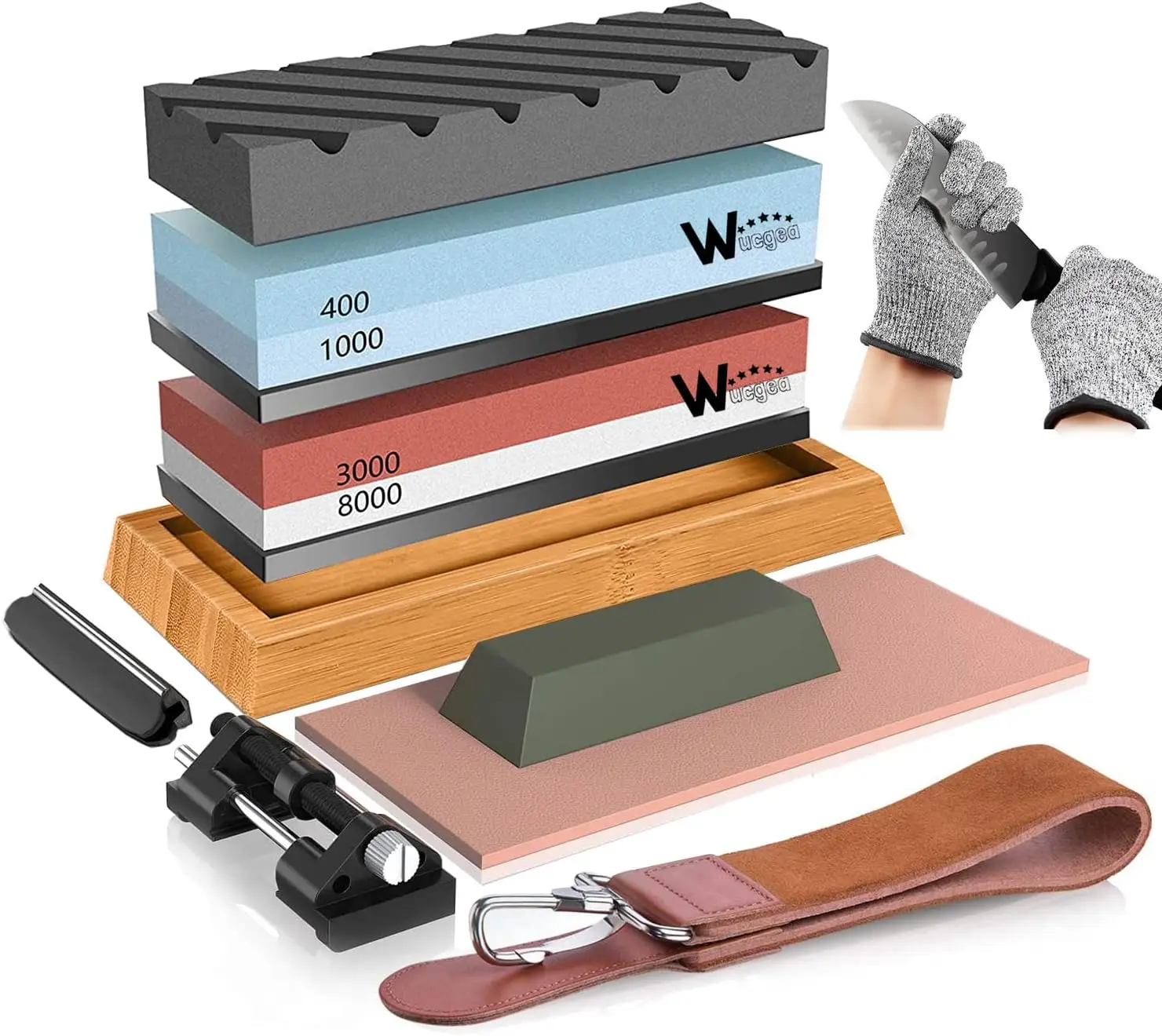 

Dual Grit Whetstone Set with Bamboo Base, Angle Guide, Strop & Gloves for Kitchen Knives
