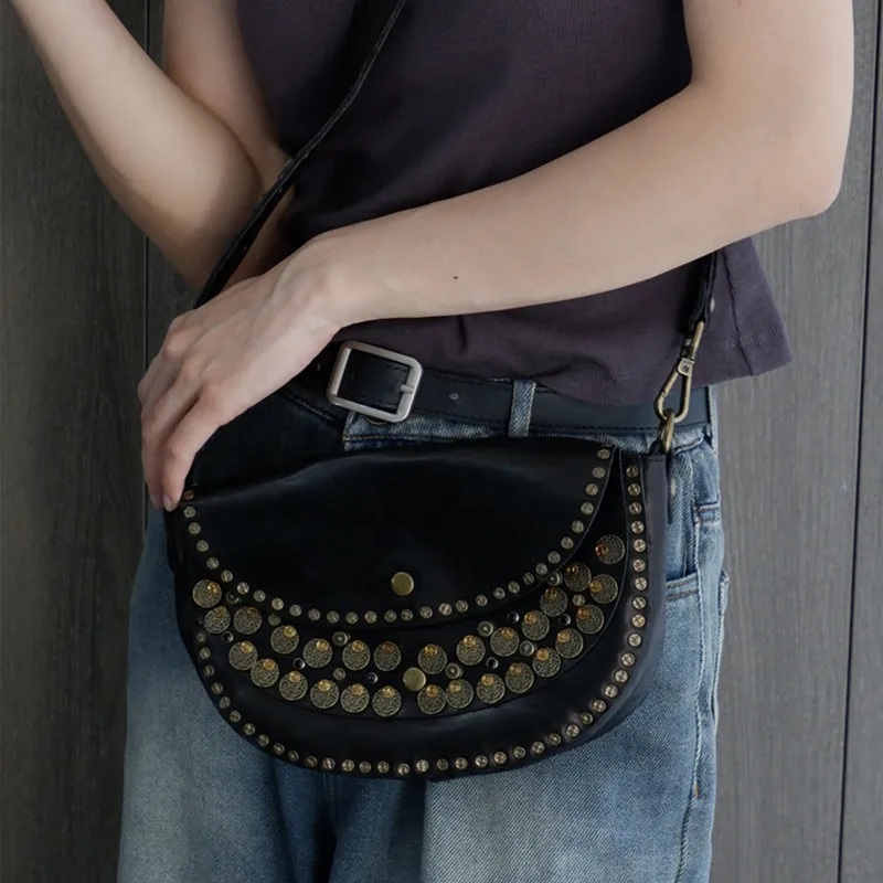 

Luxury Fashion Genuine Leather Women's Crossbody Bag First Layer Cowhide Shoulder Messenger Saddle Bag Retro Rivet Bags 2025 New