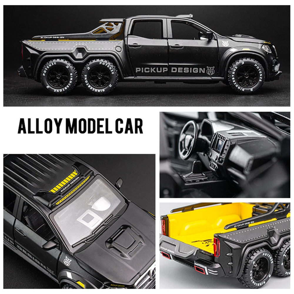 1:28 Alloy X-Class 6X6 Model Off-road Car Toys Metal Diecast Miniature Pickup Doors Opened Sound Light Pull Back Model Ornament