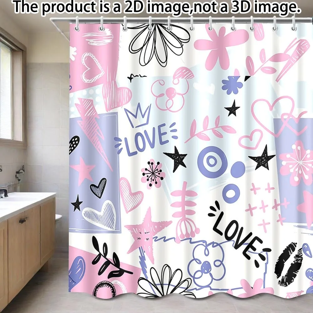 Doodle Love Shower Curtain – Pink & Lavender Hearts, Stars, “LOVE” Text,  12 Hooks, Machine Washable, Boho Bathroom Decor