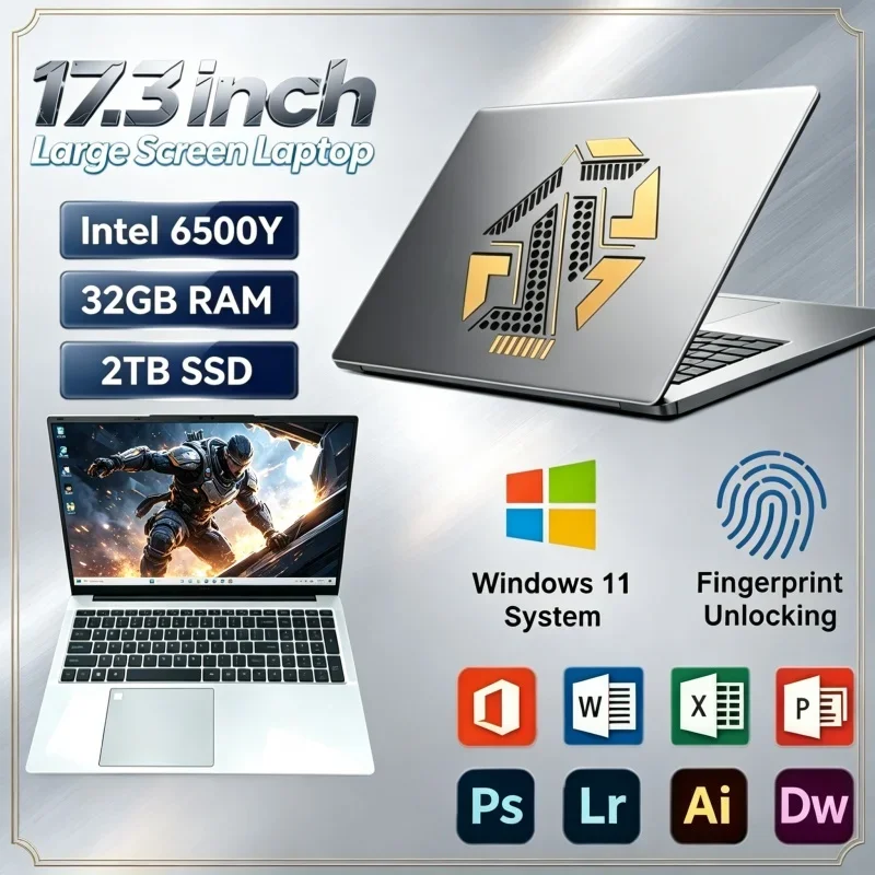 Large Screen 17.3" Intel 6500Y Laptop 32GB RAM 2TB SSD Windows 11 Fingerprint Unlock Notebook For Online Watching And Browsing
