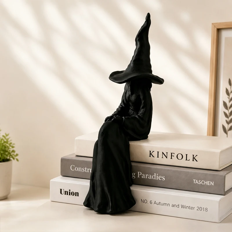 3D‑Printed Faceless Witch Bookshelf Figurine Mysterious Black Sitting Witch Statue Spooky Halloween Home Shelf Decor Ornament