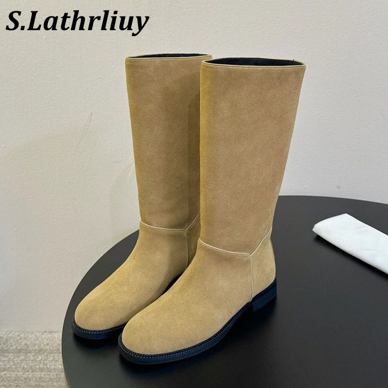 2026 Autumn Solid Color Women's Suede Leather Simple Flat Top Long Boots Fashionable and Comfortable Office Commuting Boots