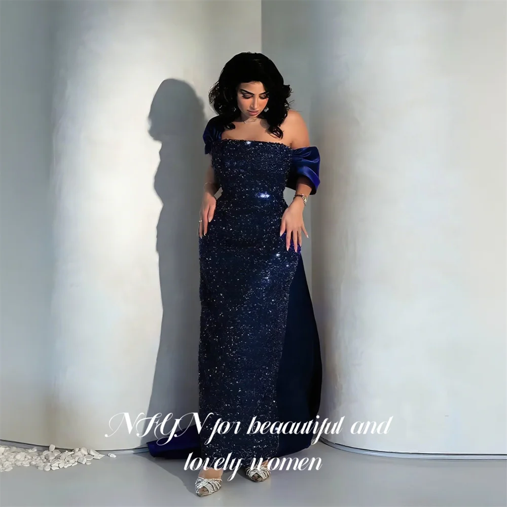

NFYN Navy Blue Prom Dress Glamorous Satin Party Dresses Off Shoulder Homecoming Dresses Mermaid حزب فساتين Customized
