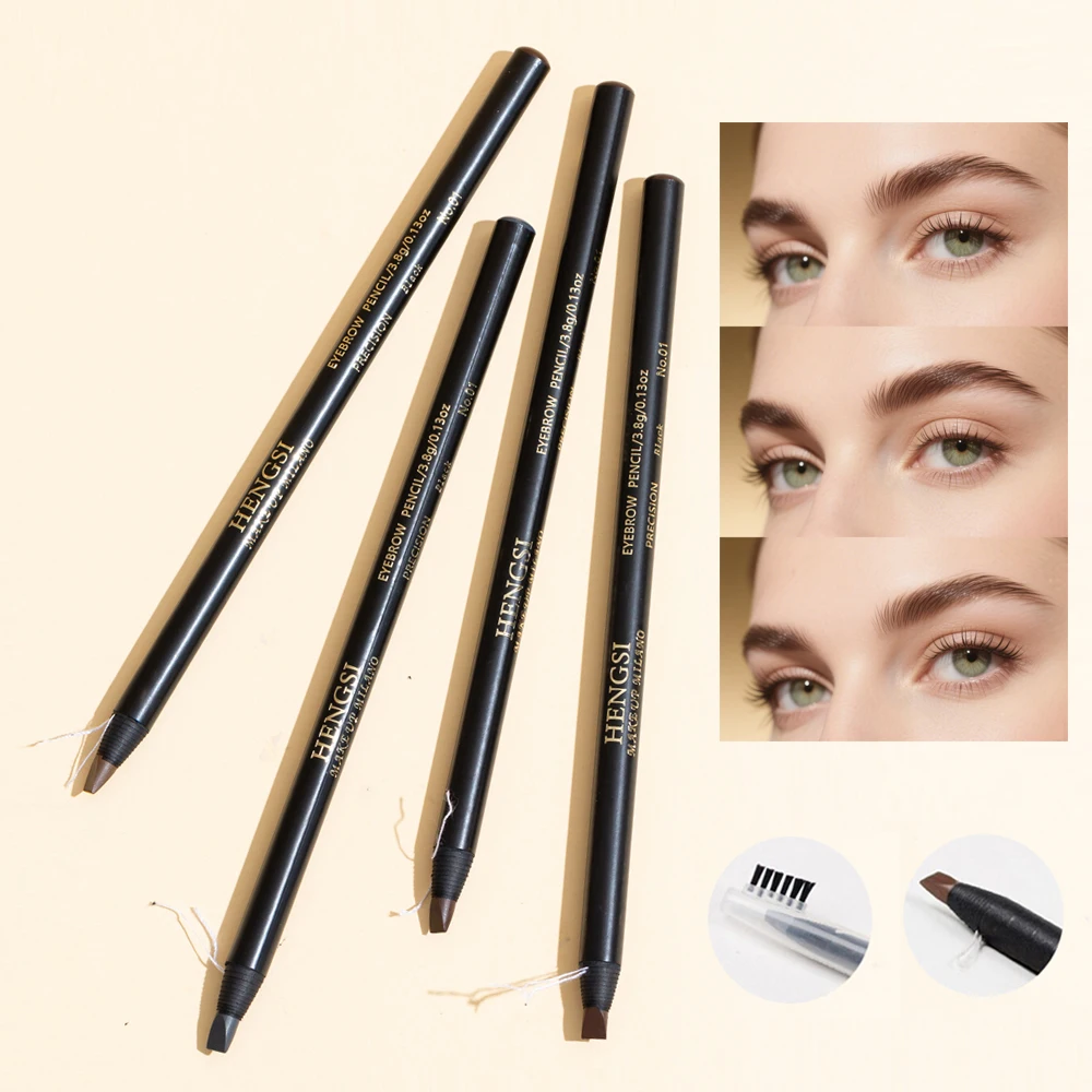 ดินสอเขียนคิ้วกันน้ำ HENGSI สีดำ 6 ชิ้น/3 ชิ้น พร้อมหัวแปรงปัดคิ้ว แบบเติมไส้ได้และลอกออกได้
