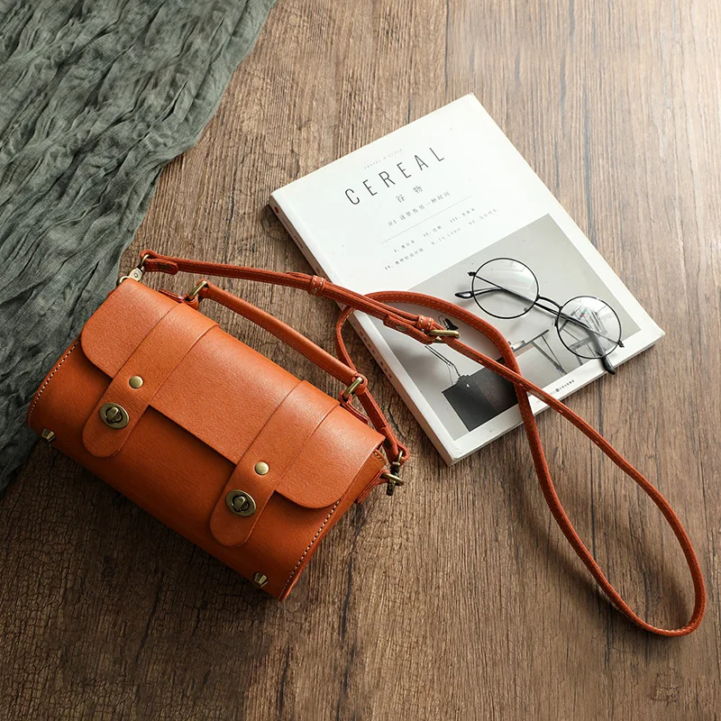 Women Handmade Genuine Vegetable Tanned Cow Leather Barrel Satchel Bag Cylinder Cambridge Top Handle Shoulder Crossbody Handbag
