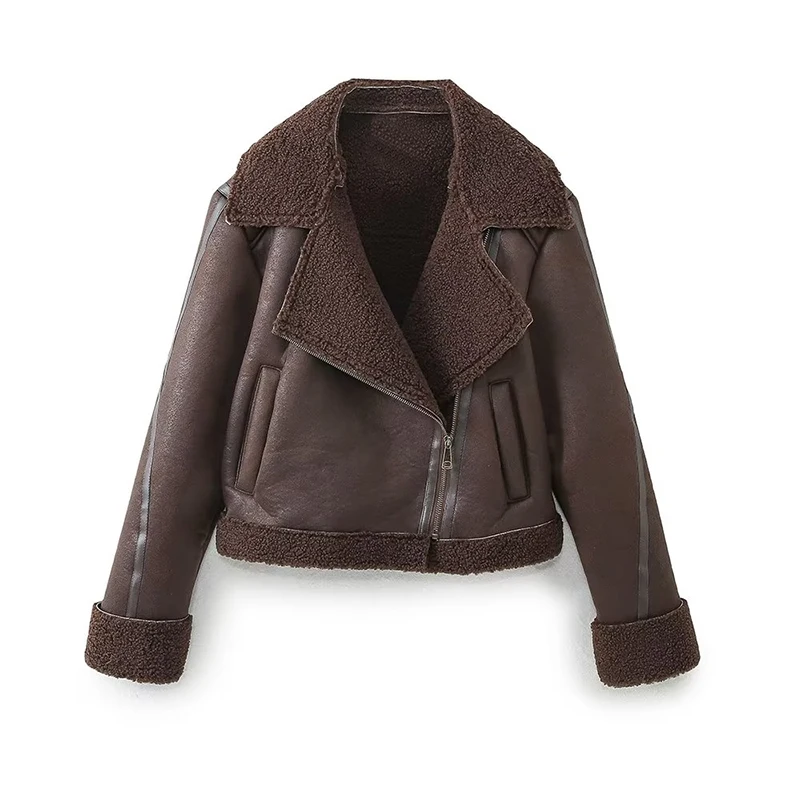 YENKYE Women Vintage Brown Faux Shearling Cropped Biker Jacket Lapel Collar Long Sleeve Female Warm Coat