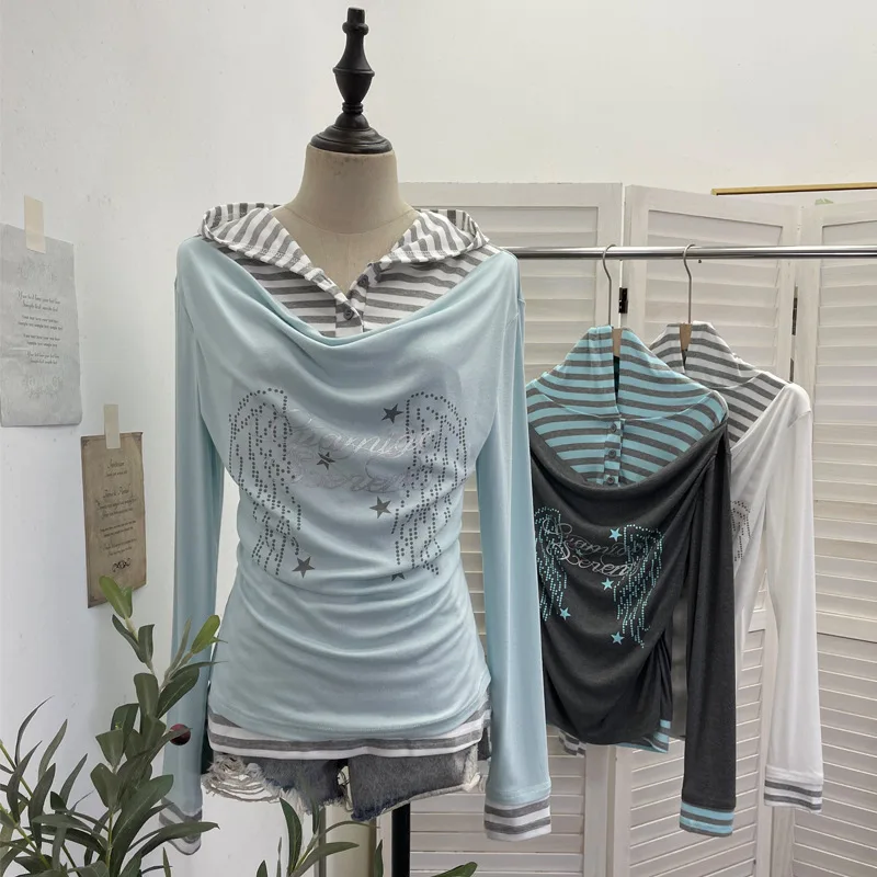 High Quality Hot Selling Wholesale Autumn  Fake Two-piece Striped Letter Printed Hooded Long Sleeved T-shirt Slim Fit Top Women