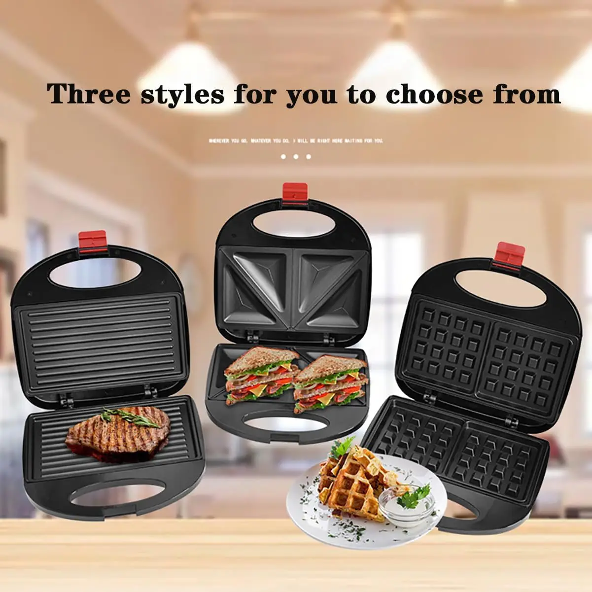 ماكينة صنع الوافل المنزلية، ماكينة صنع الساندوتشات، ماكينة صنع الإفطار، ماكينة شواء اللحوم، ومقلاة الكيك، والساندويتش