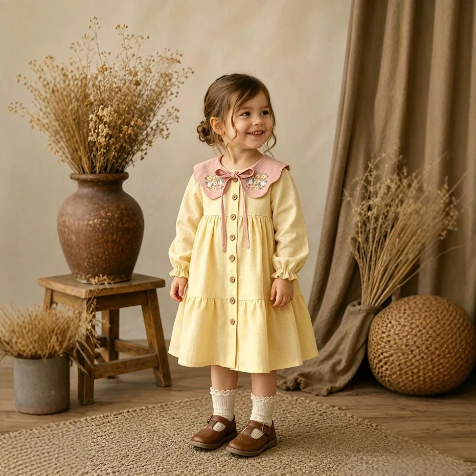 2026 Autumn Winter New Girls' Cotton Hemp Lotus Leaf Flower Pattern Collar Long Sleeve Dress Embroidered Princess Dress