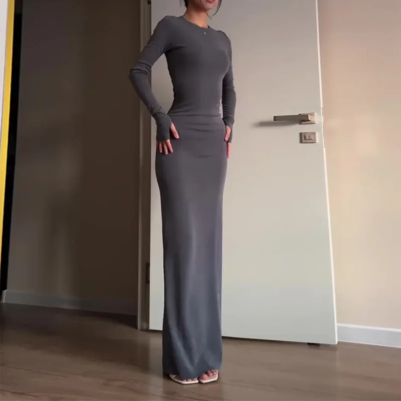 

2025 New Style Fashion Solid Simple Round Neck Figure-flattering Package Hip Skirt Dress Long Sleeve Ling Dress for Women
