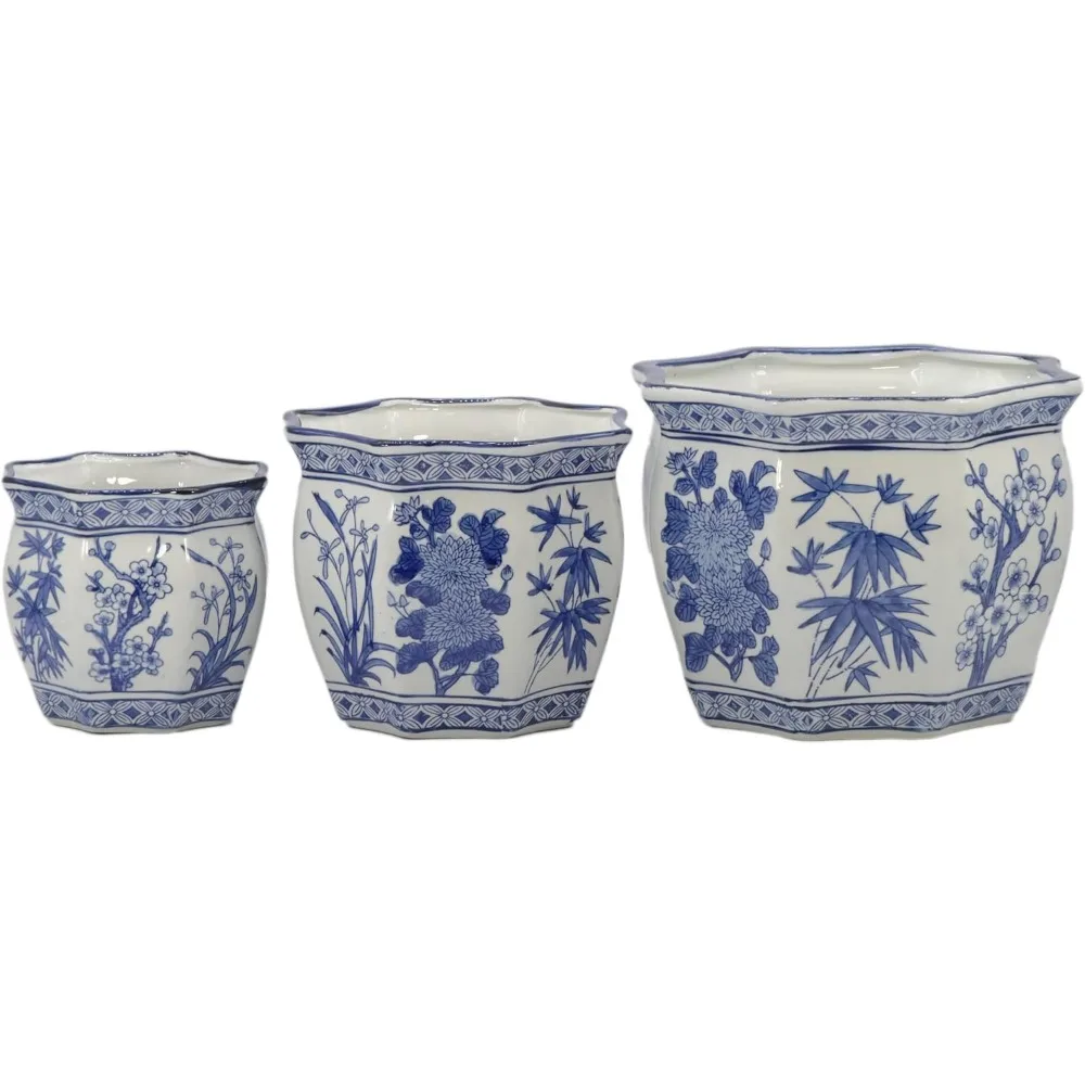 Galt International Blue & White รอบร่องดอกไม้ปาล์มโลตัสพอร์ซเลนเซรามิคพืชกระถางต้นไม้ชุด 3 (7.5", 10", 1