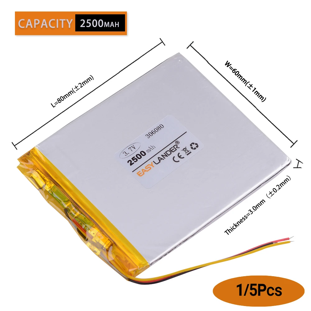 Batería de polímero de iones de litio recargable, 3 líneas, 306080, 3,7 V, 2500mAh, 306082 baterías