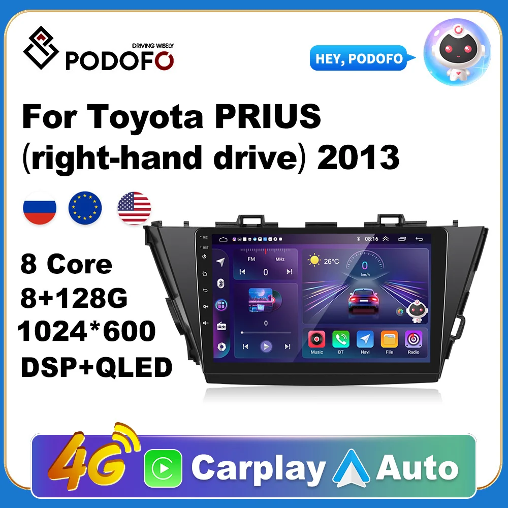 

Podofo Wireless CarPlay Andorid Auto Car Radio For Toyota Prius 2013 right-hand drive AI Voice Multimedia GPS 2din autoradio