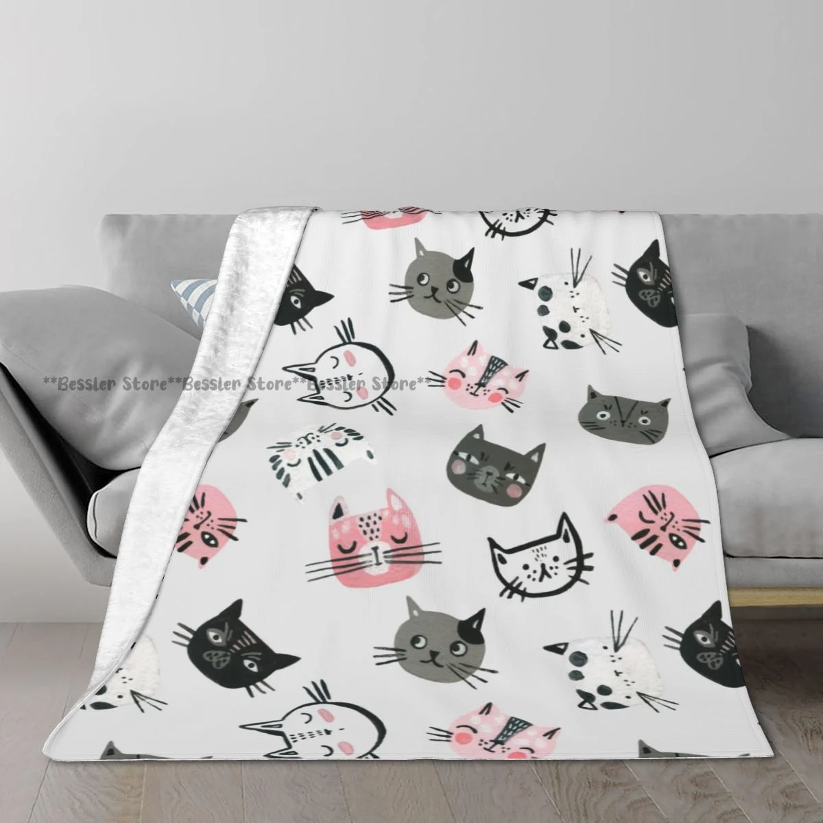 

Flannel Blanket Cute Cats Faces Light Wash Warm Soft Blanket Throw on Sofa Bed Travel Patchwork