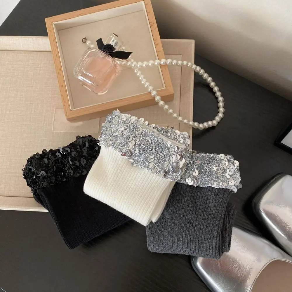 

Cotton Girls Glitter Socks Shiny Sweat Absorption Sequin Short Socks Solid Color Antiskid Middle Tube Hosiery Spring Autumn