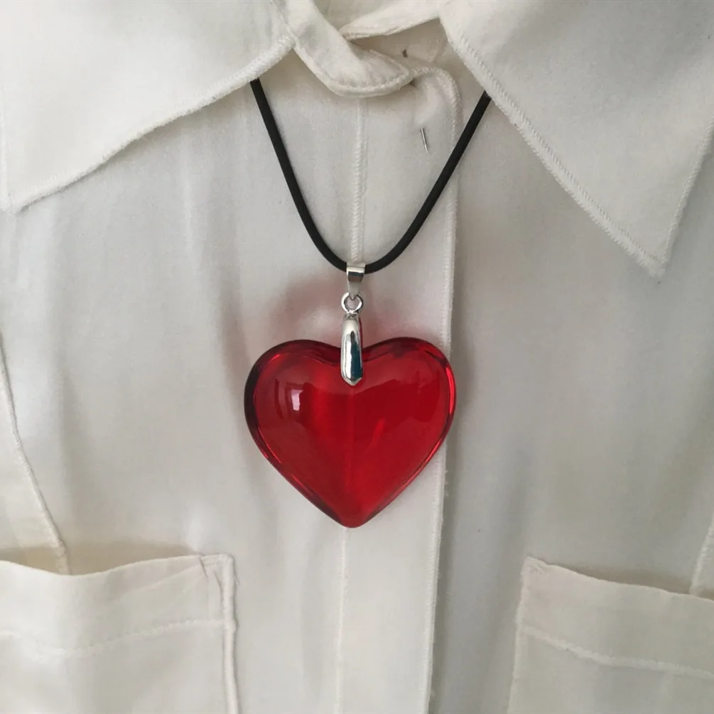 42MM Glass Puffy Heart with Black Leather Cord Necklace Red Aura Rainbow Large Heart Statement Necklace for Women Grunge Jewelry