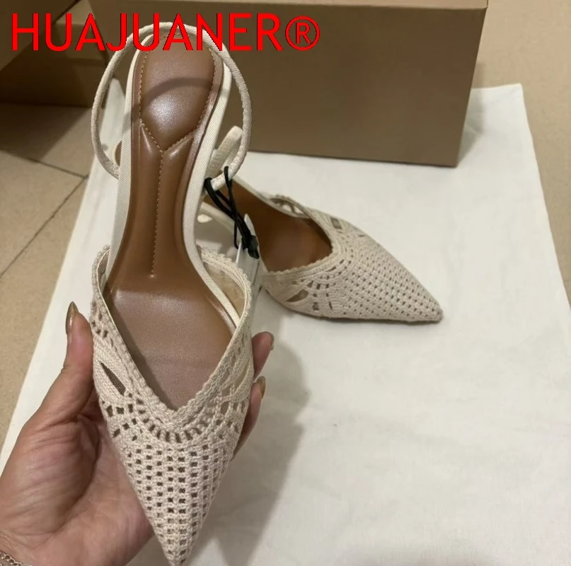 Elegant Crochet Slingback High Heels Women Pointed Toe Hollow Out Pump Sandals Woven Fabric Summer Party Wedding Dress Shoes