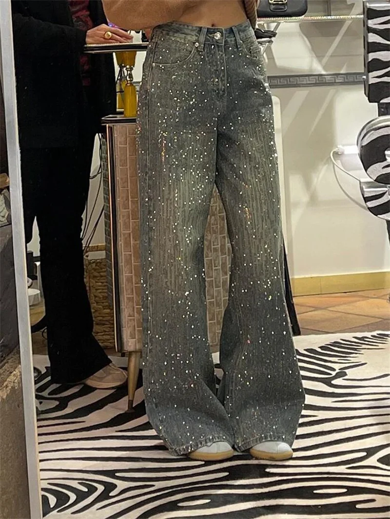 アメリカンレトロプラスサイズ星空ホットダイヤモンドスプライスジーンズ、子供向けスパイシーデザインのキラキラ輝くロングパンツ