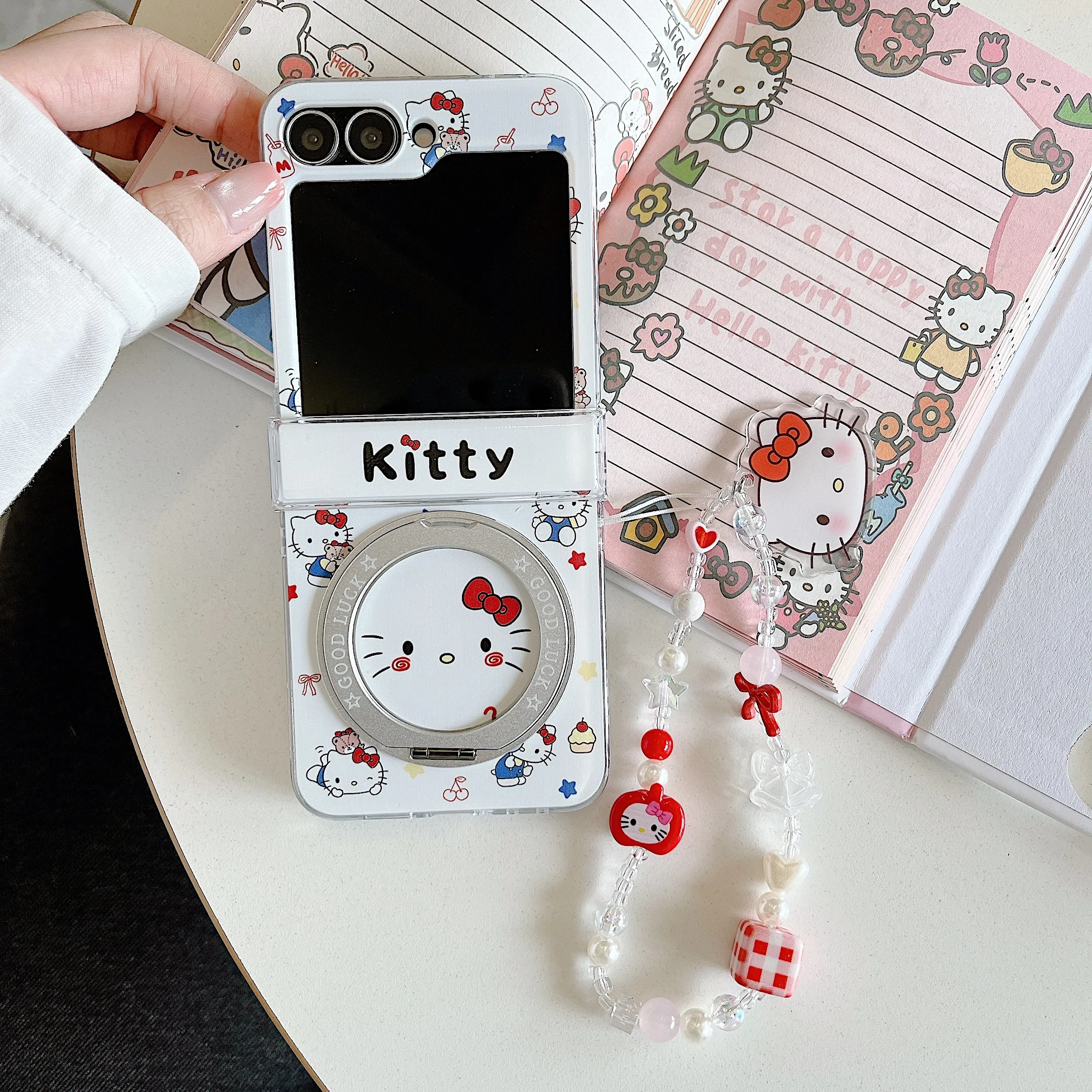 

New 360 Hello Kitty Print Clear Flip Case With Pop Socket Strap For Samsung Galaxy Z Flip 7 6 5 4 INS Kawaii Style Shockproof C