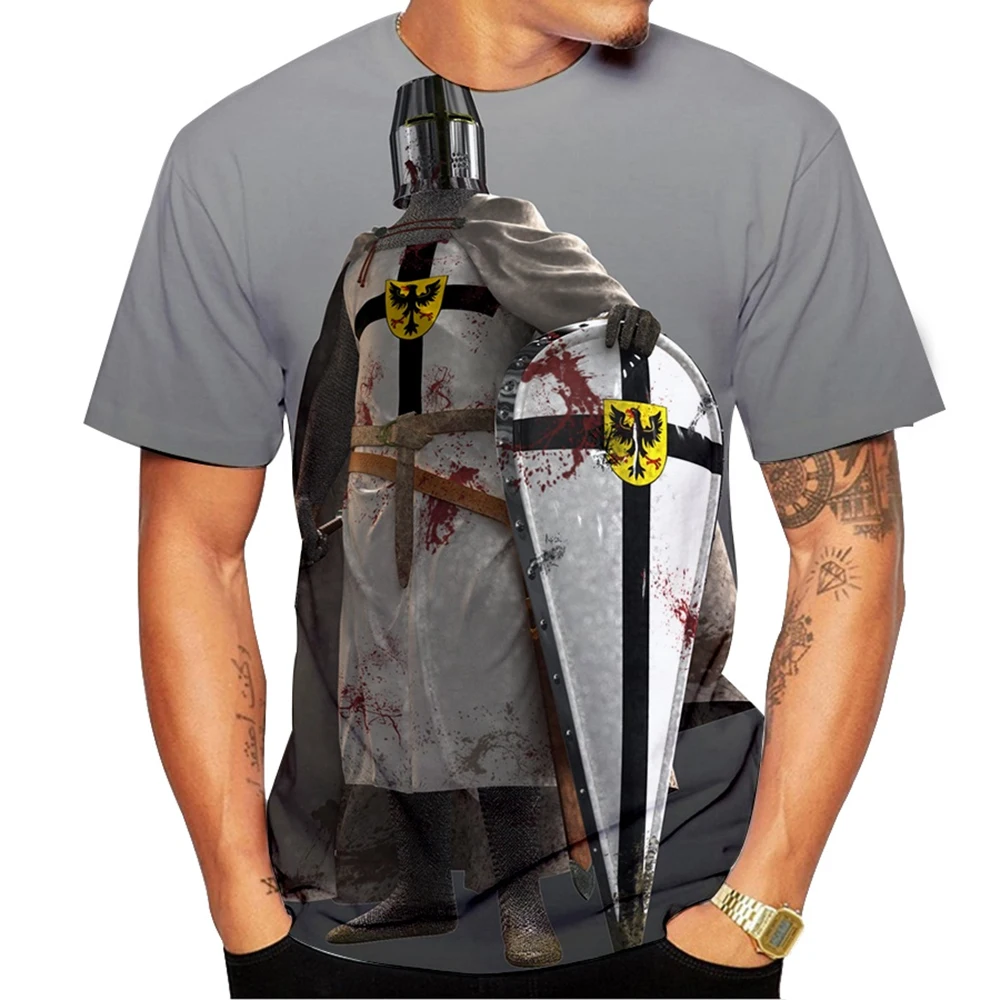 Summer Trendy Cool Personalized Templar 3D Printed Cross Print Pattern Casual Comfortable Short Sleeve T-shirt