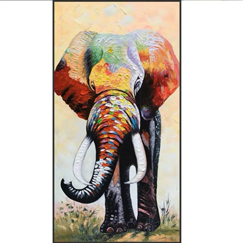 Vibrant Elephant Animal Art Hand-painted Tall Vertical Canvas Oil Painting, Impasto Textured Wall Decor For Entryway Hall Home