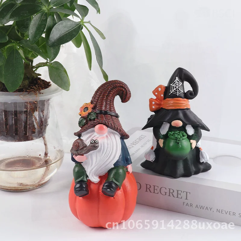 Halloween Harvest Festival Handmade Resin Pumpkin Couple Dwarf Statue Cute Style Witch Wizard Combination Home Decorations