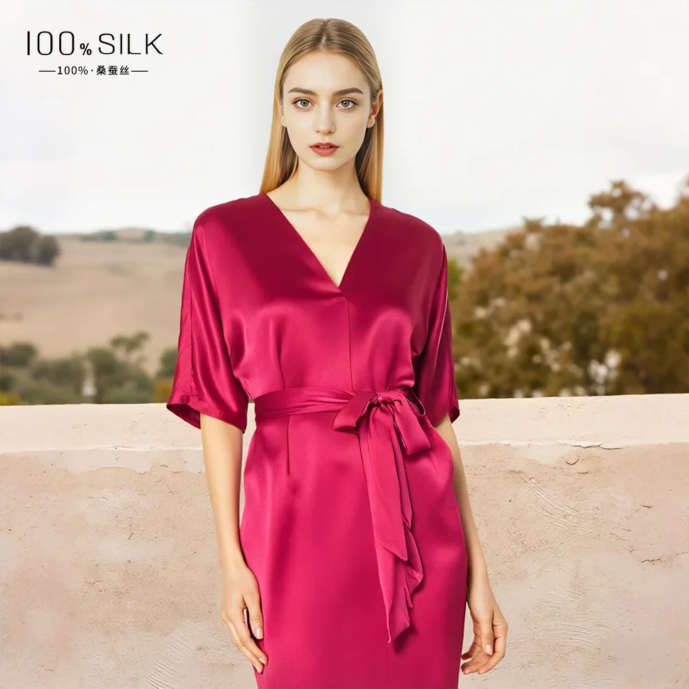 

19momme 100% Mulberry Silk Women's Kimono Nightgown Sexy Bridal Robe Loungewear Summer V Neck Short Bath Robe One-piece Pajama