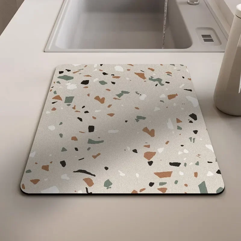 Nordic Terrazzo Print Diatomite Kitchen Drying Mat Super Absorbent Heat Resistant Sink Countertop Drainage Mat for Tableware