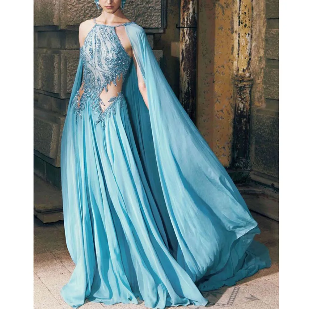 Fashion Blue Women Prom Dresses Strapless Cloak Floor Length A-line Sequined Cut out High Quality Evening Party Banquet Gowns