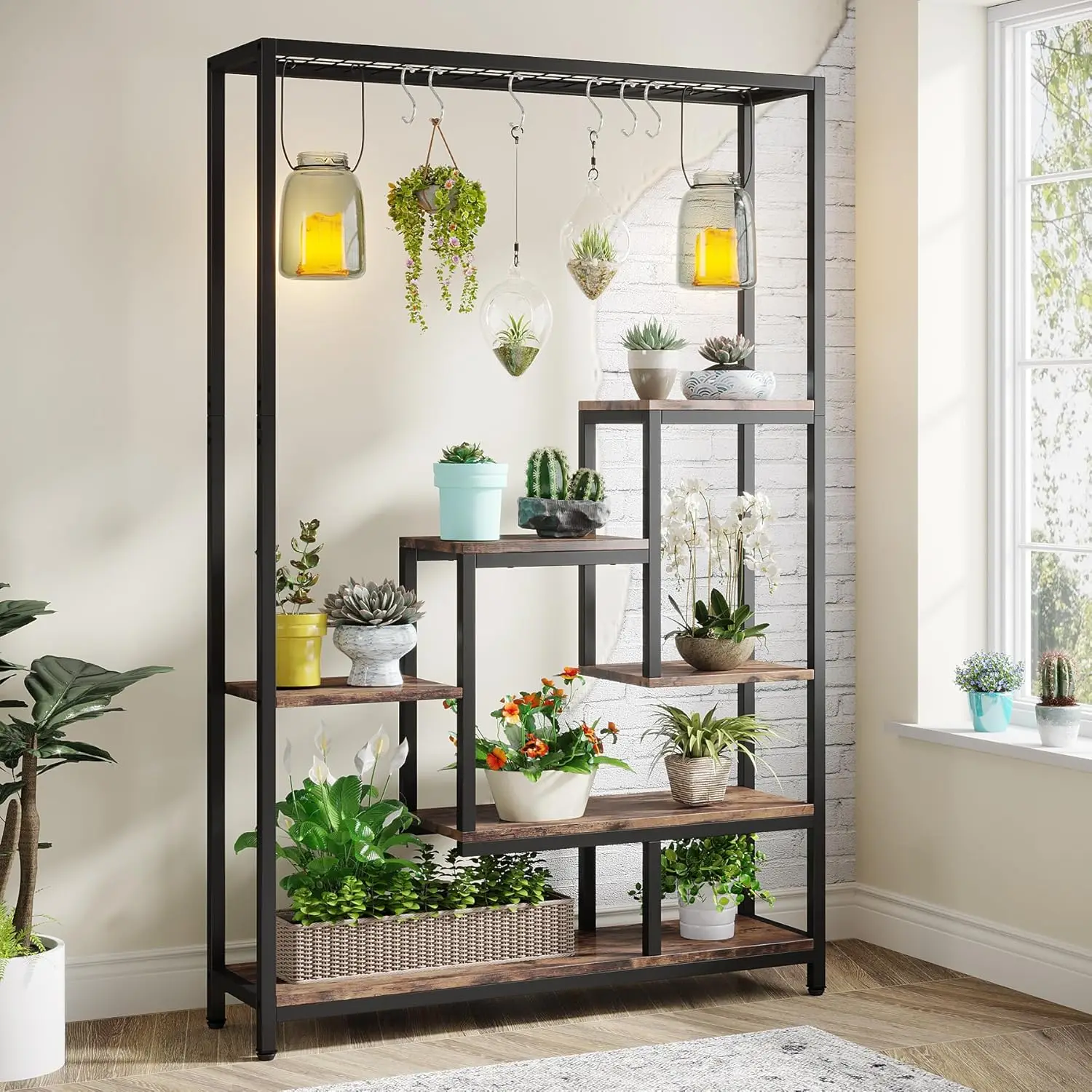 

5-Tier Tall Indoor Plant Stand, 70.9" Metal Shelf with Hooks for Plants, Garden, Living Room