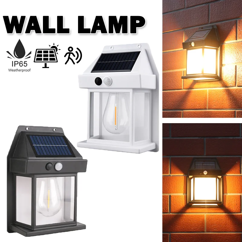 

Солнечный вольфрамовый настенный светильник с датчиком движения IP65 Водонепроницаемый теплый белый светодиод для патио Открытый терраса Крыльцо Сарай Гаражное освещение